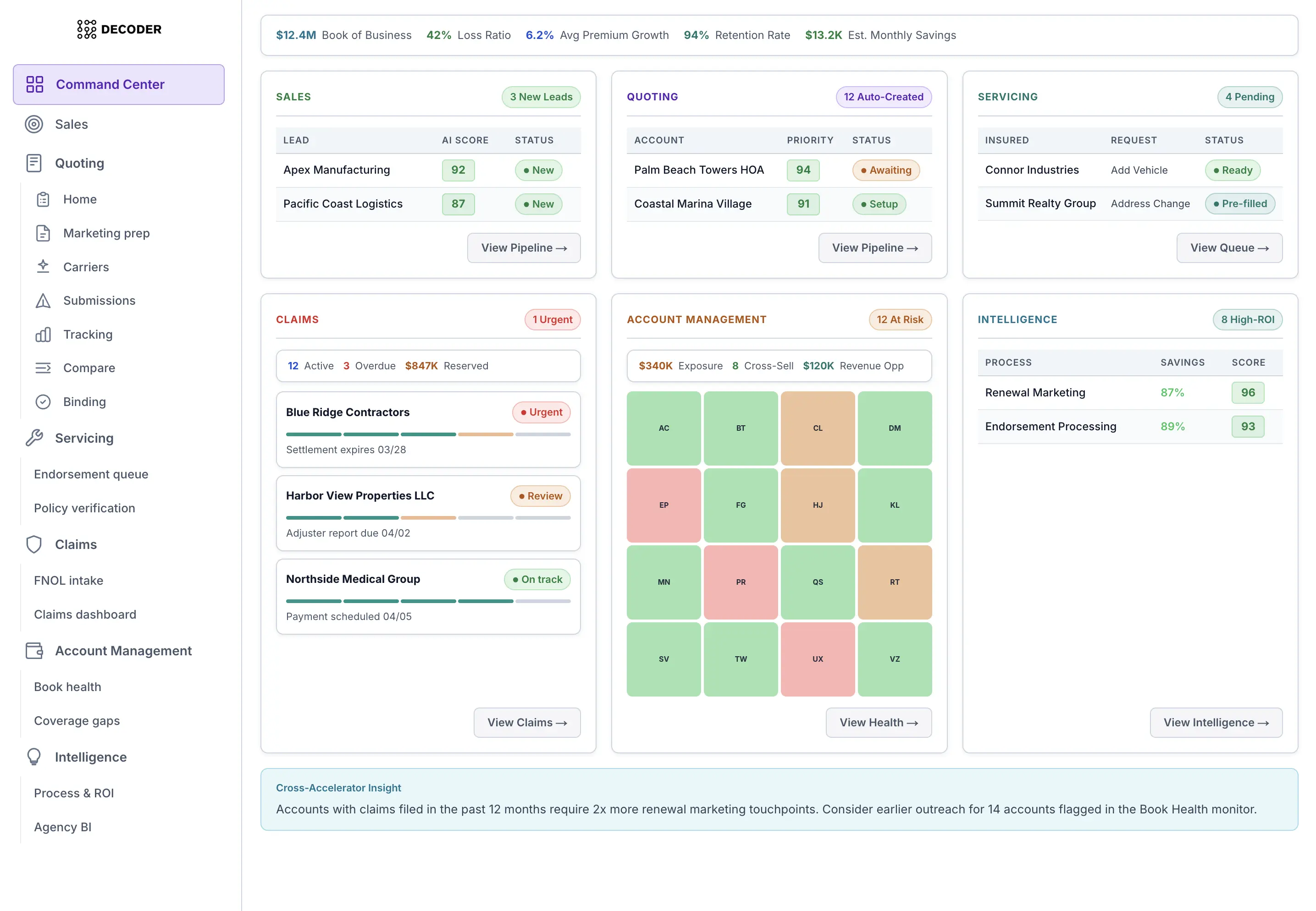 Decoder Command Center - real-time dashboard for insurance operations